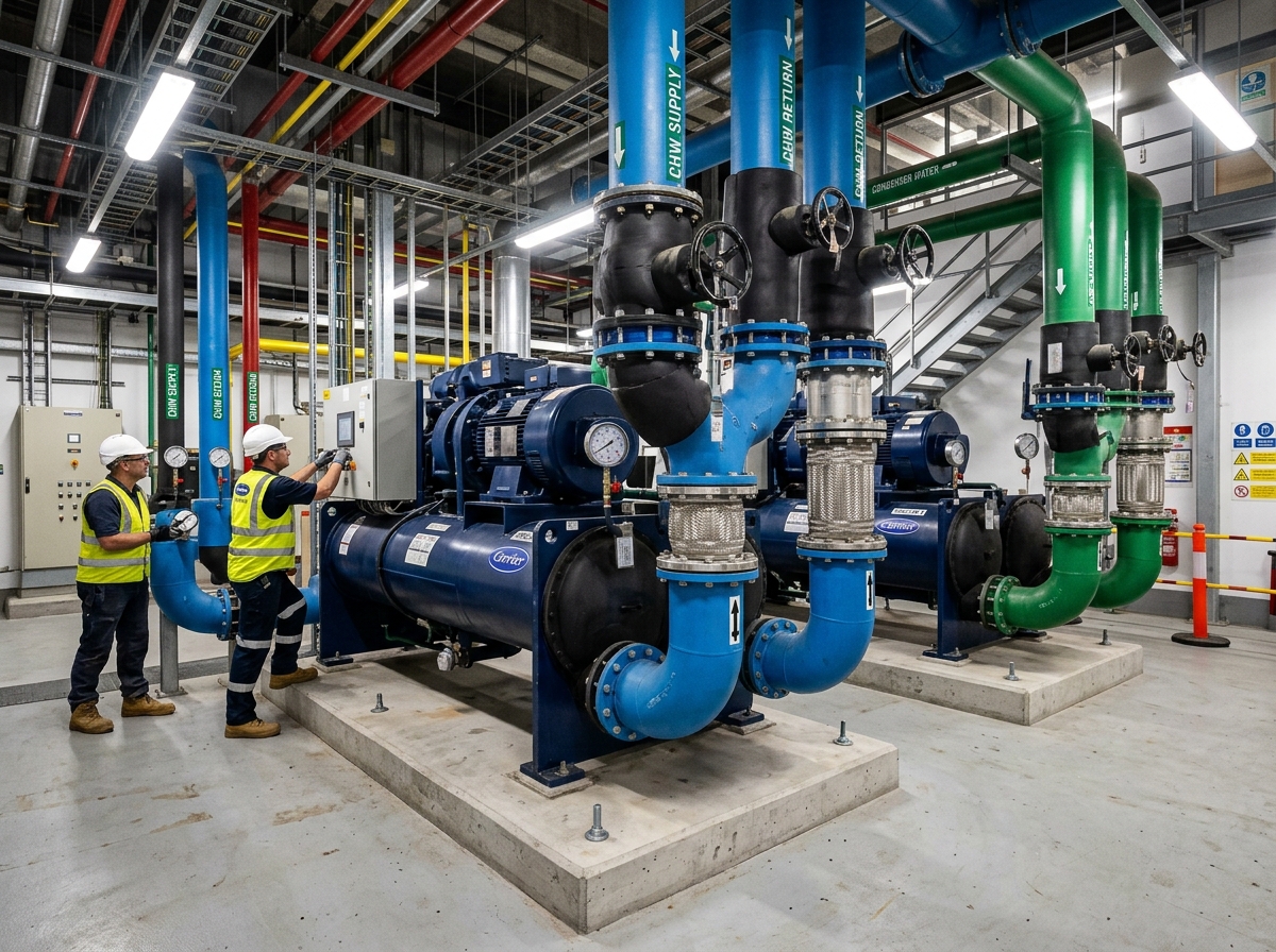 Industrial water-cooled centrifugal chillers and dual piping distribution manifold