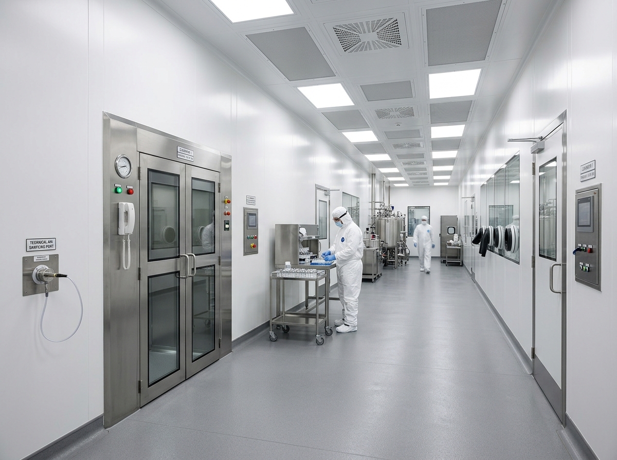 Pharmaceutical cleanroom facility with modular panels and HEPA ceiling filtration
