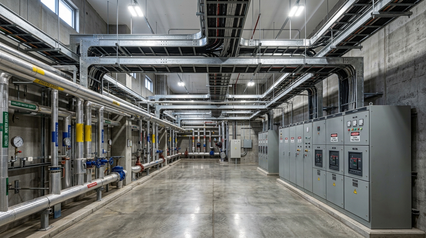 Industrial plant room with overhead cable containment, pipework, and switchgear