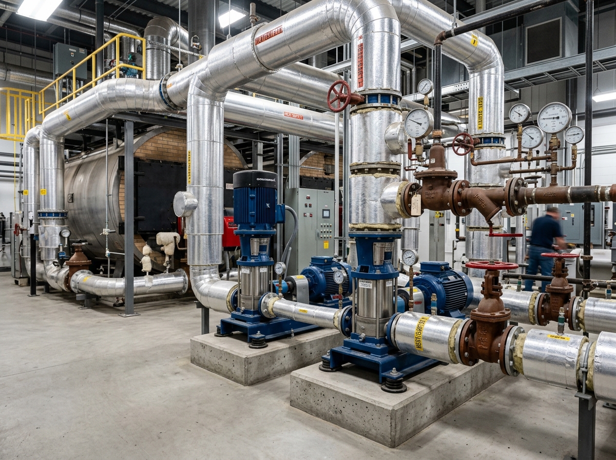 Industrial boiler room steam piping and multi-stage pump installation