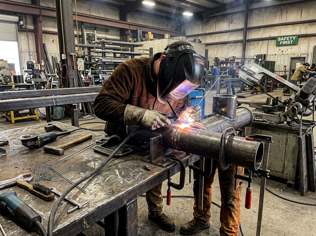 Certified welder executing TIG pipe weld in engineering workshop